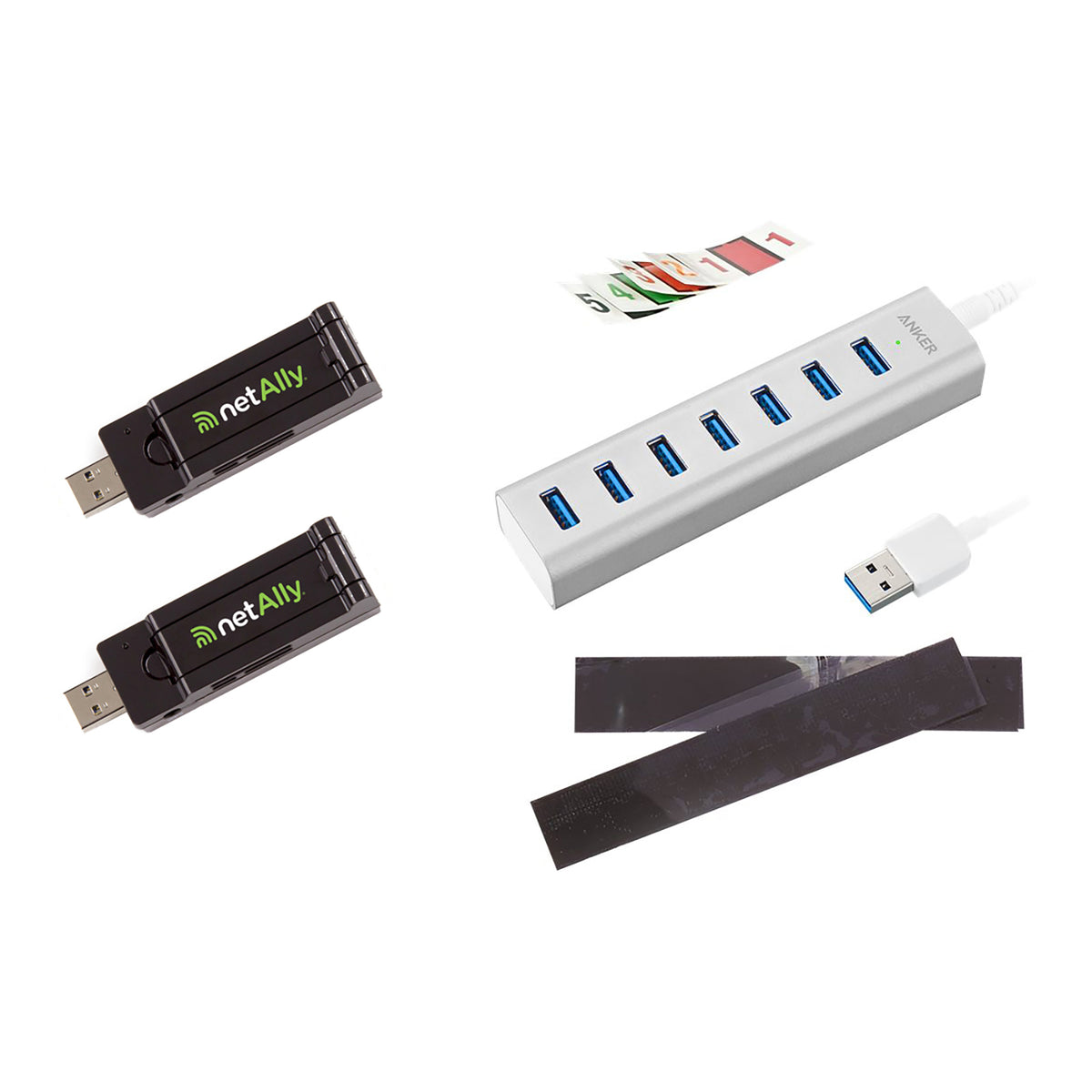 NetAlly Multi-Adapter kit for AirMagnet Survey PRO, includes 2 NetAlly D1080 802.11a/b/g/n/ac USB Adapters and a USB hub